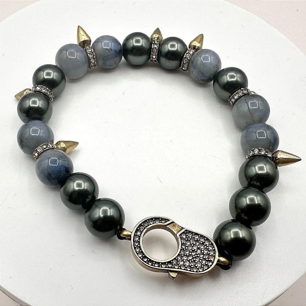 Vintage 80s Beaded Stretch Bracelet Slate Grey Hematite Gold Tone Spikes Jewelry